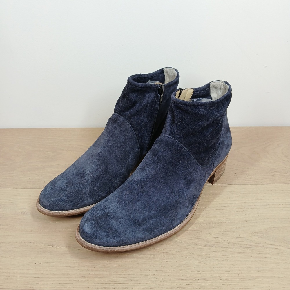 Paul Green Navy Blue Suede Ankle Boots Women 10 Low Block Heel Rear Zip Booties